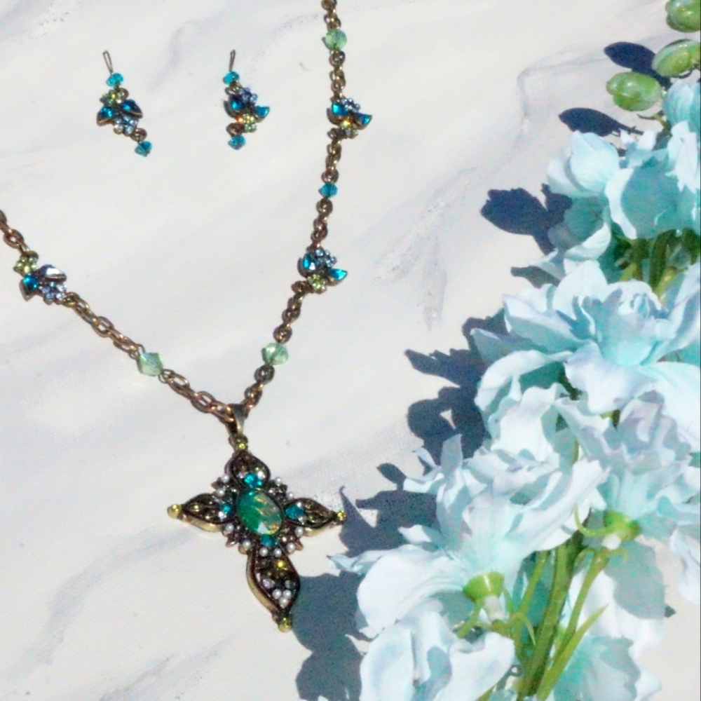 Upcycled/Handmade Floral Cross Necklace/Earring